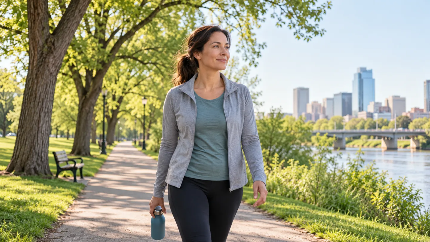 An adult taking a relaxed walk beside a river with a reusable water bottle