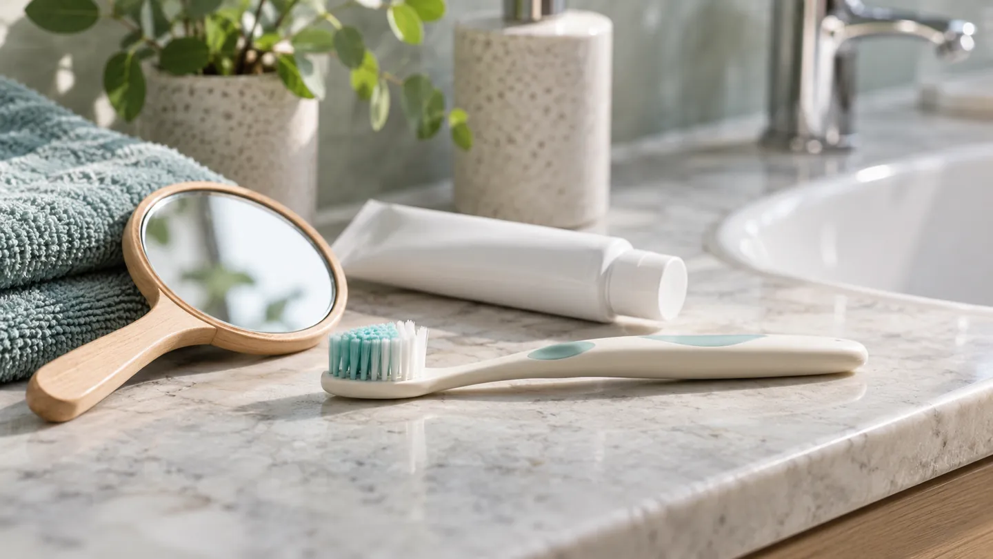 A soft toothbrush, toothpaste and hand mirror on a bathroom counter