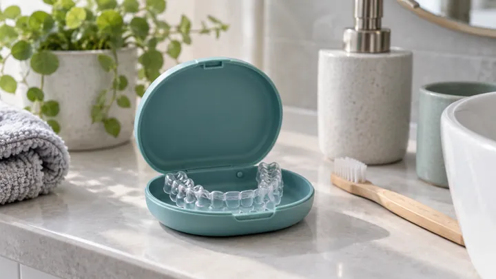 A clear orthodontic retainer in an open protective case beside a soft brush