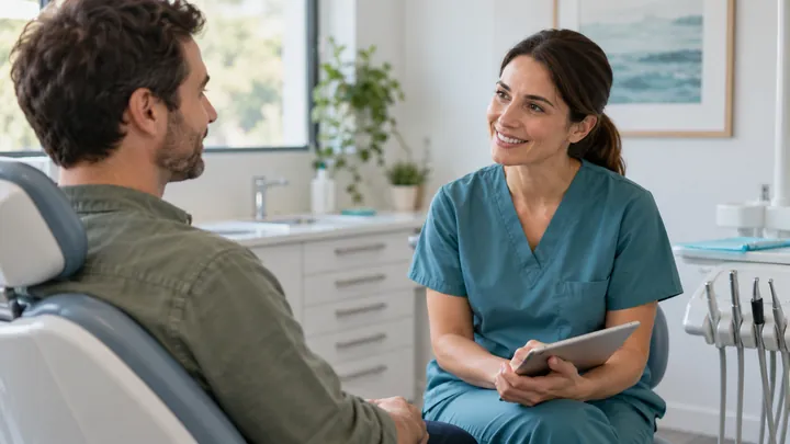 A dental professional listening to a patient during a relaxed consultation