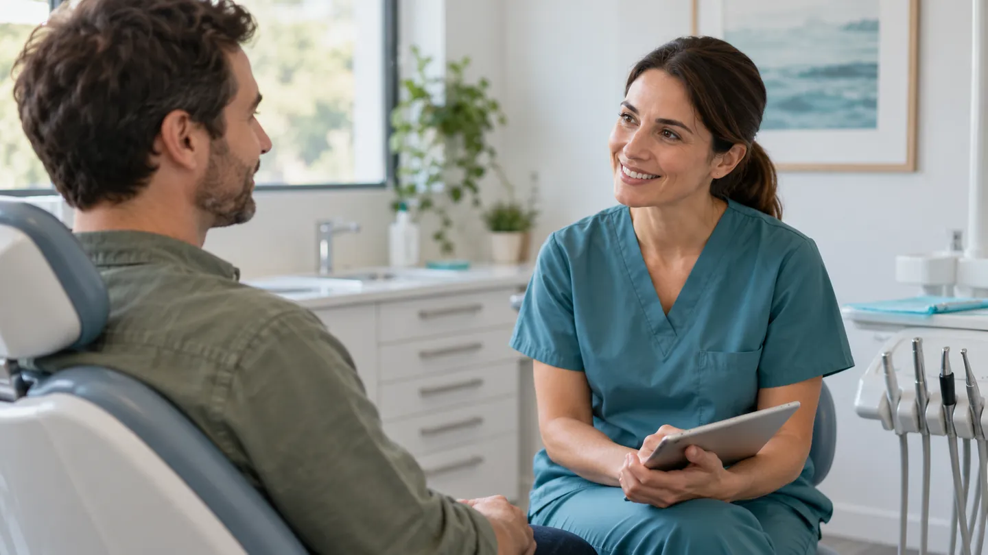 A dental professional listening to a patient during a relaxed consultation