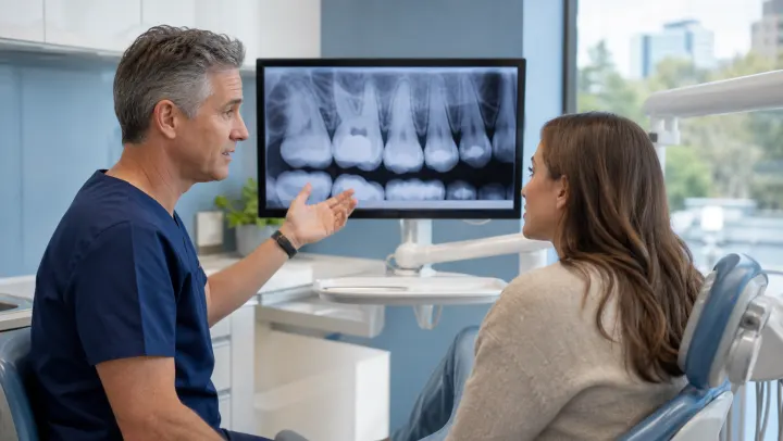 A dentist discussing a dental X-ray and treatment choices with a patient