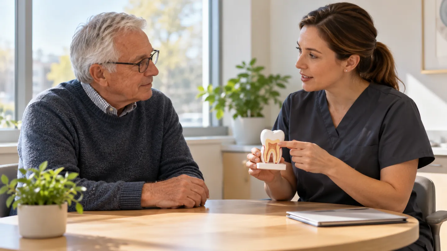 An older adult discussing a tooth model with a dental clinician at a consultation table