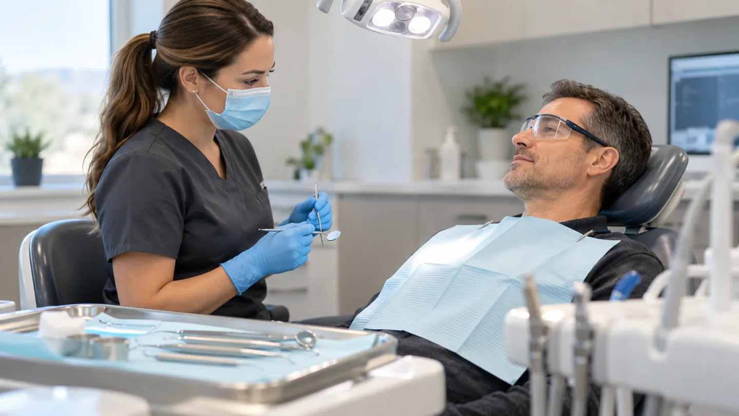 A dental hygienist preparing instruments beside a patient wearing protective glasses