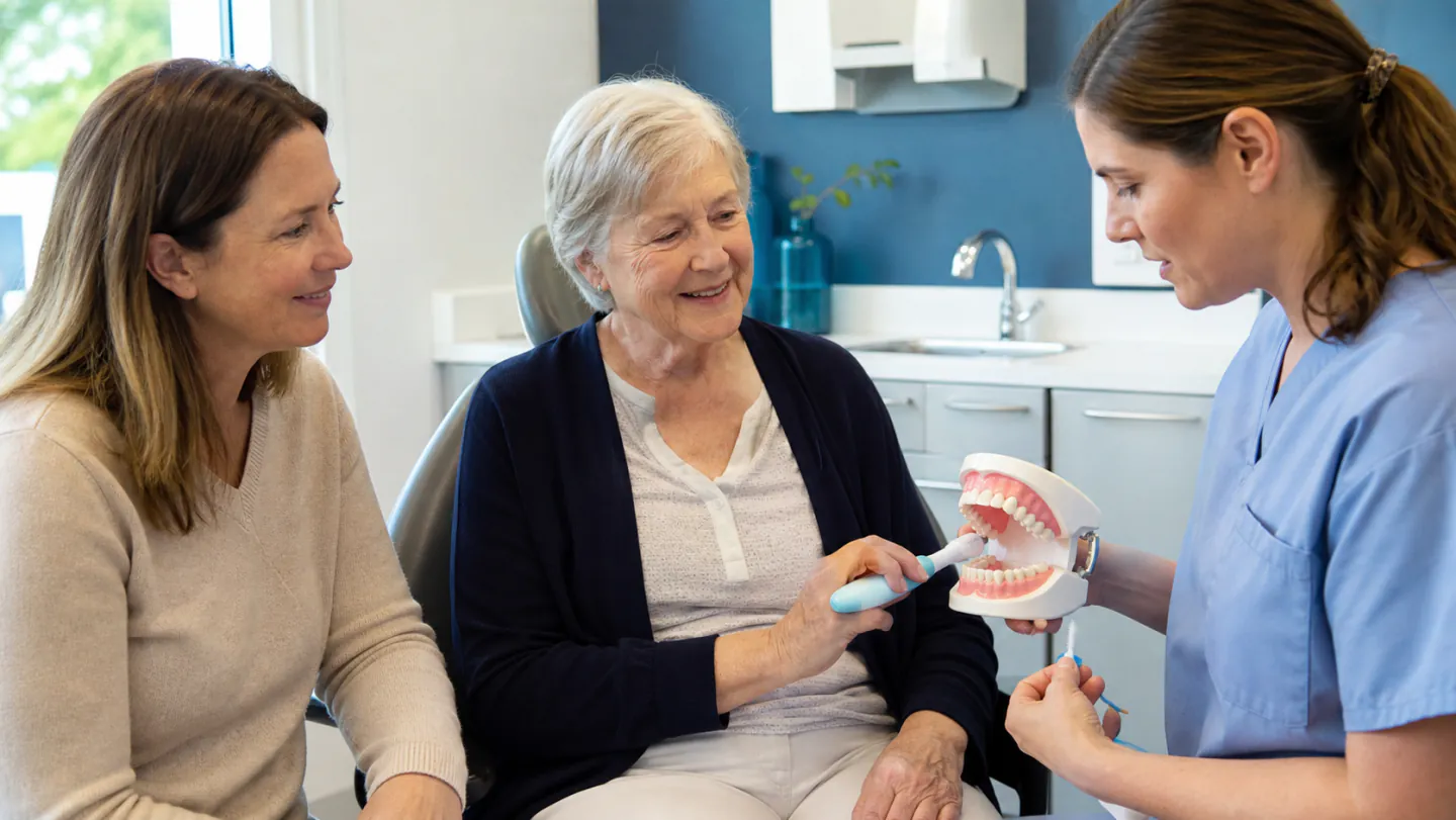 A senior patient reviewing a comfortable dental care plan with a Winnipeg dentist
