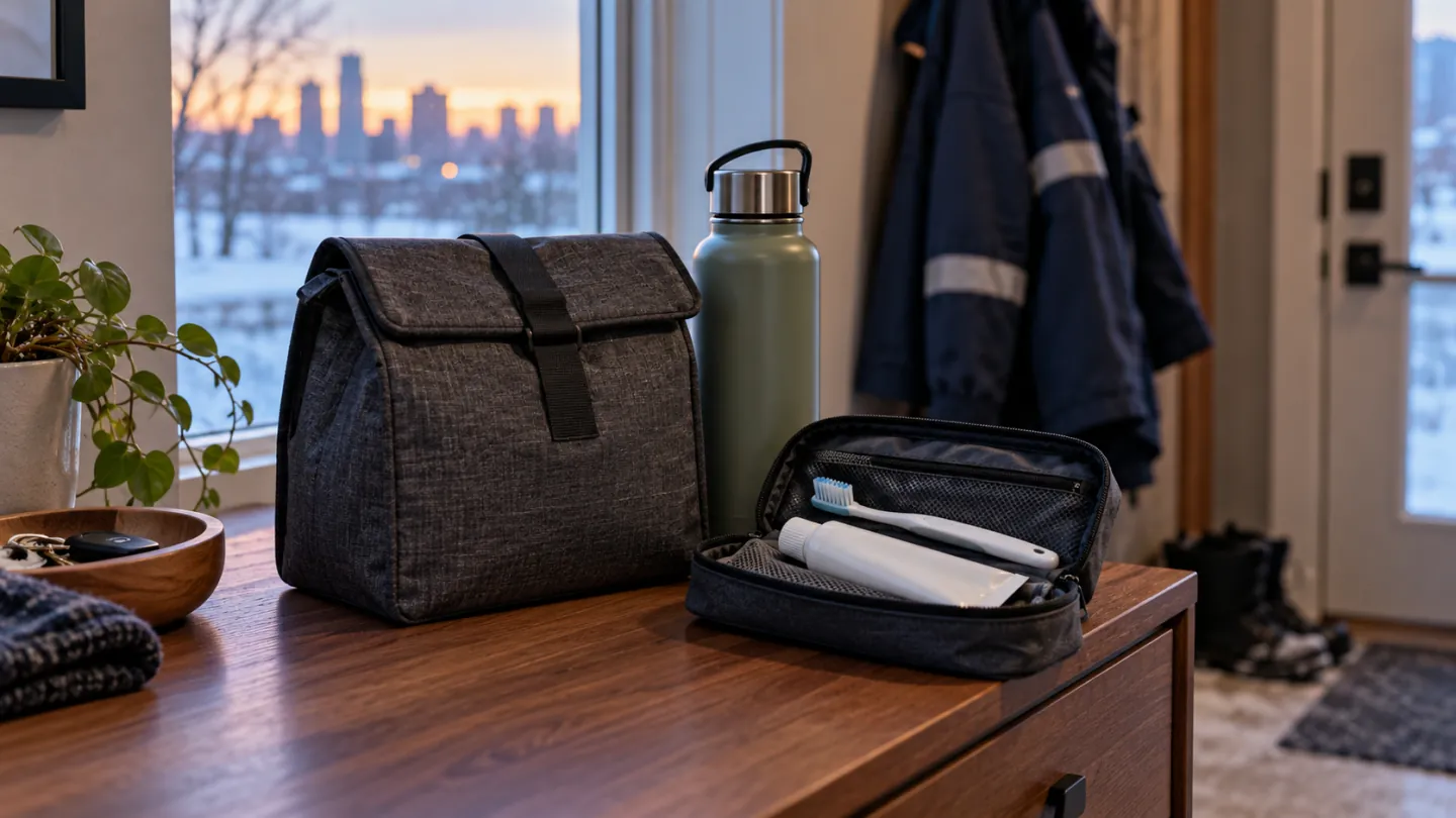 A lunch bag, water bottle and travel toothbrush kit beside a work jacket at dawn