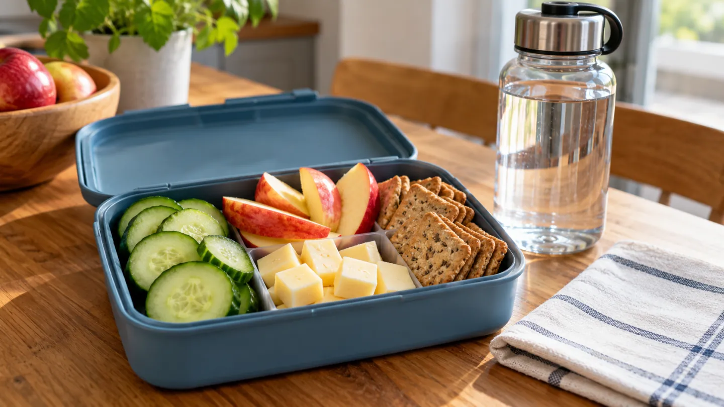 A reusable snack box with apple, cucumber, cheese and crackers beside a water bottle