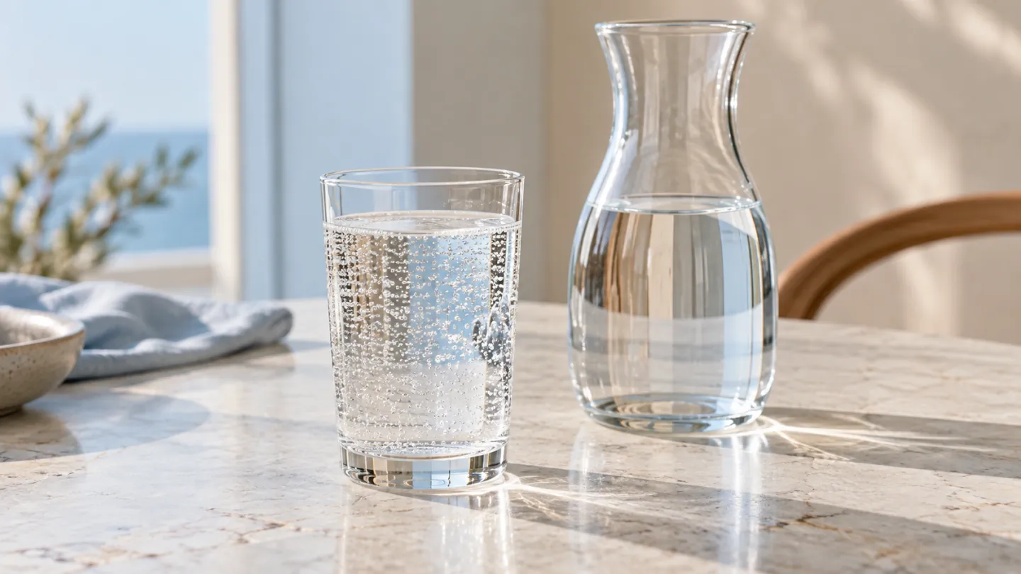 A glass of plain sparkling water beside a still-water carafe in soft daylight