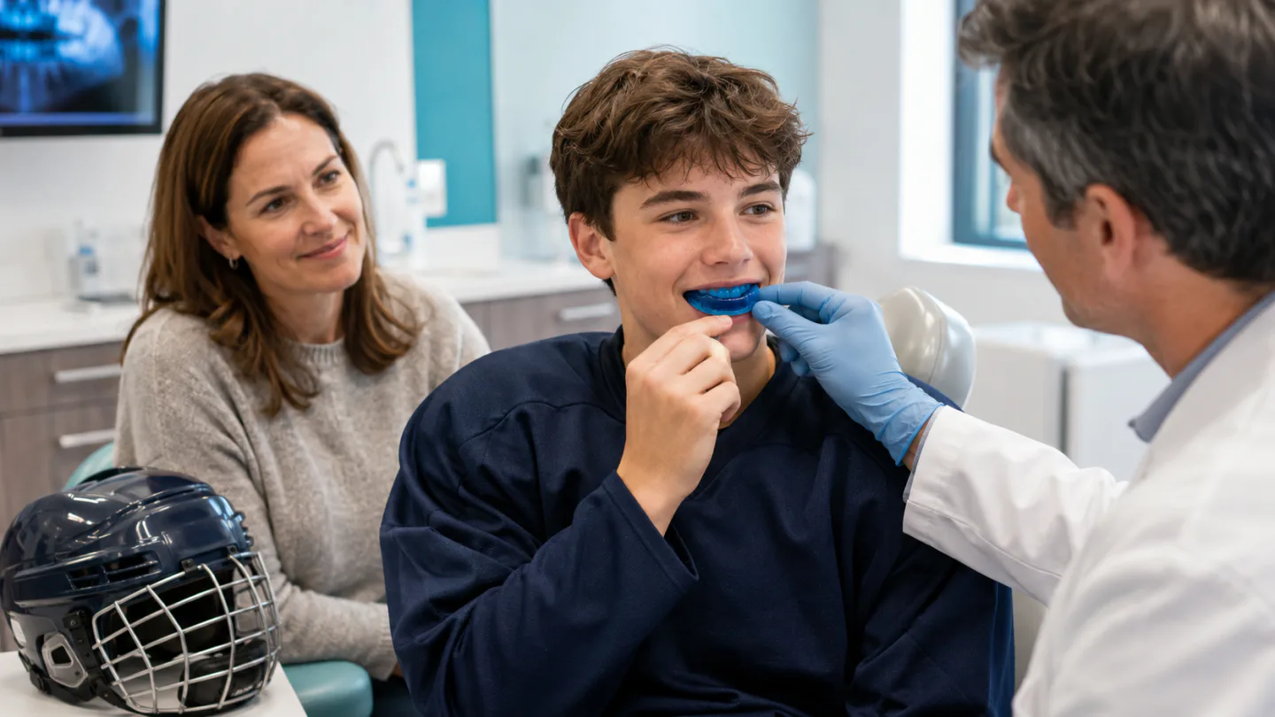 A young Winnipeg hockey player holding a custom sports mouthguard during a dental visit
