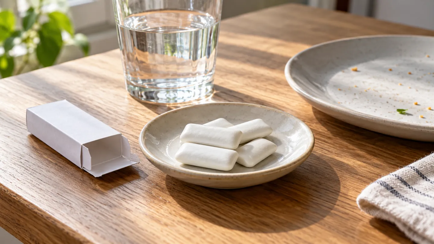 White chewing gum pieces on a ceramic dish beside a water glass and an empty lunch plate