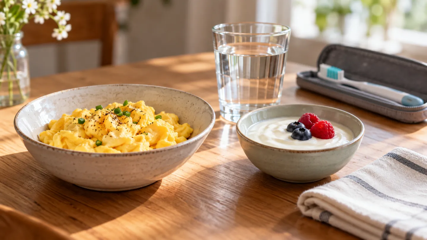 Soft scrambled eggs, yogurt and water on a kitchen table with a toothbrush kit in the background