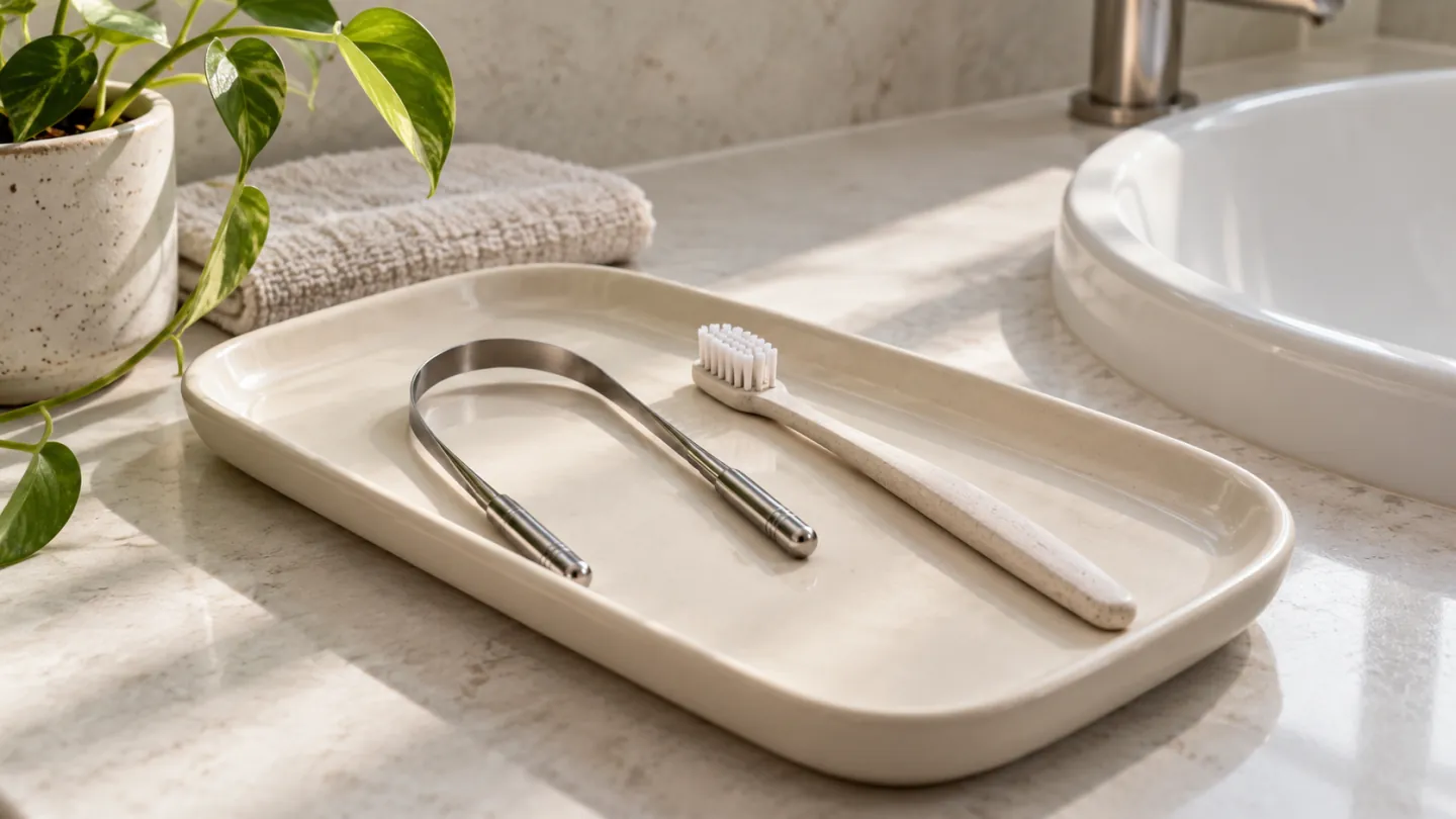 A smooth metal tongue scraper and soft toothbrush on a ceramic tray beside a sink