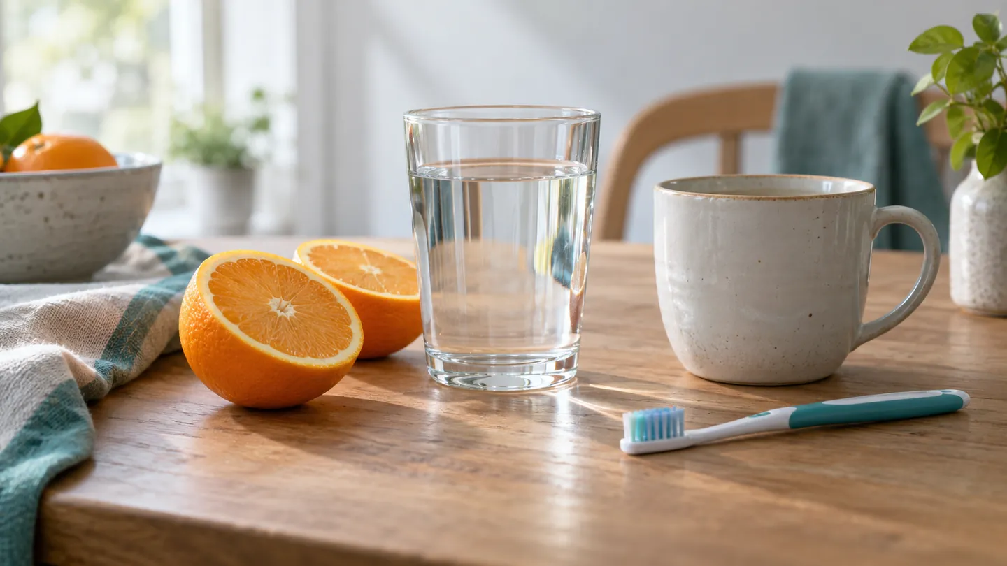 Water, citrus fruit and a toothbrush arranged on a kitchen table