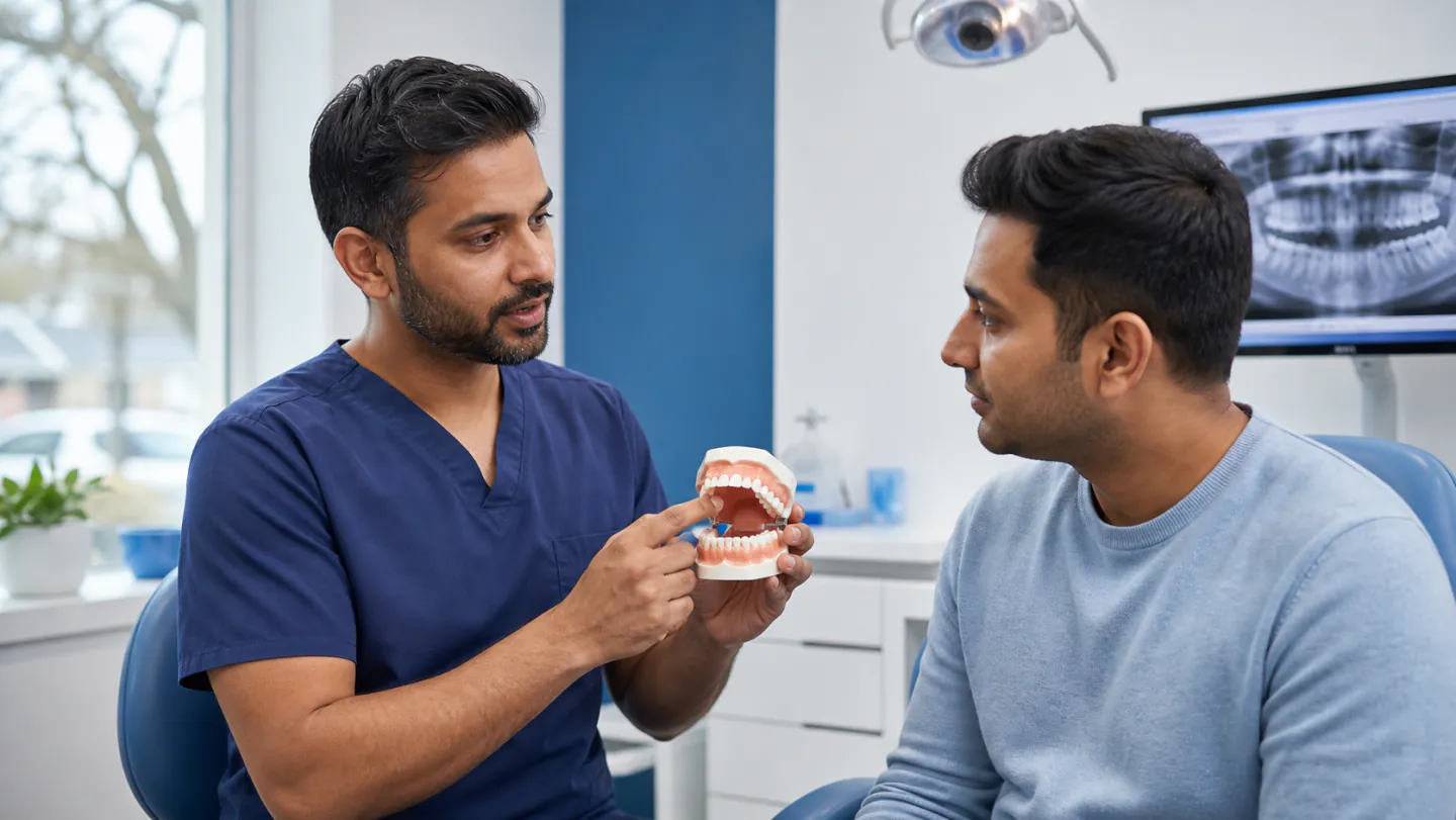 A Winnipeg dentist calmly explaining tooth extraction aftercare to a patient