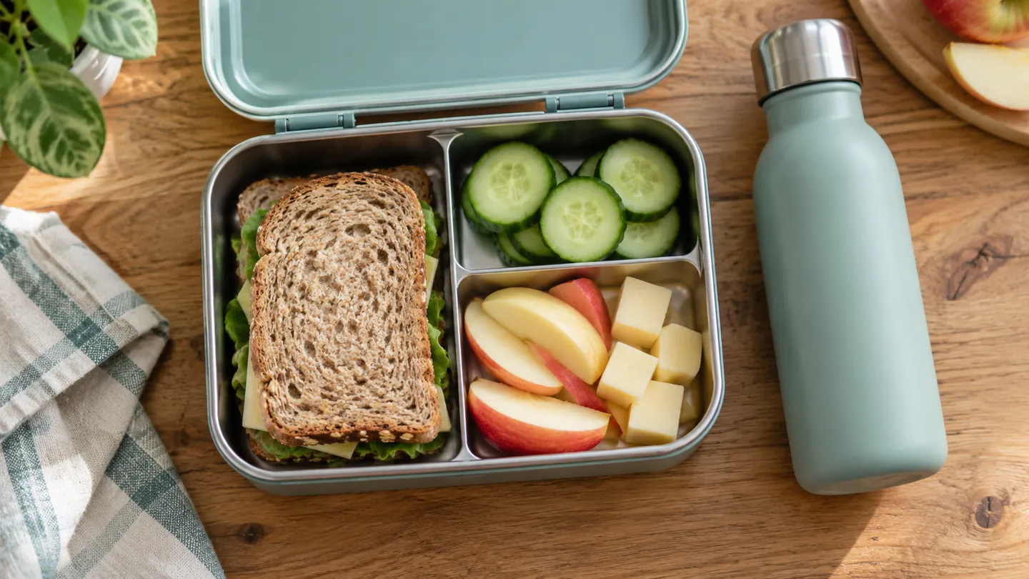 A lunchbox with a sandwich, cucumber, apple and cheese beside a reusable water bottle