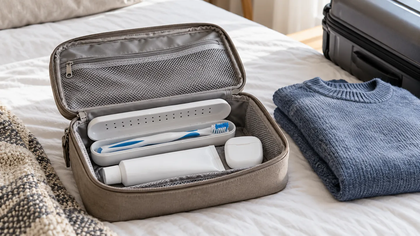A packed dental toiletry kit beside a folded sweater and suitcase