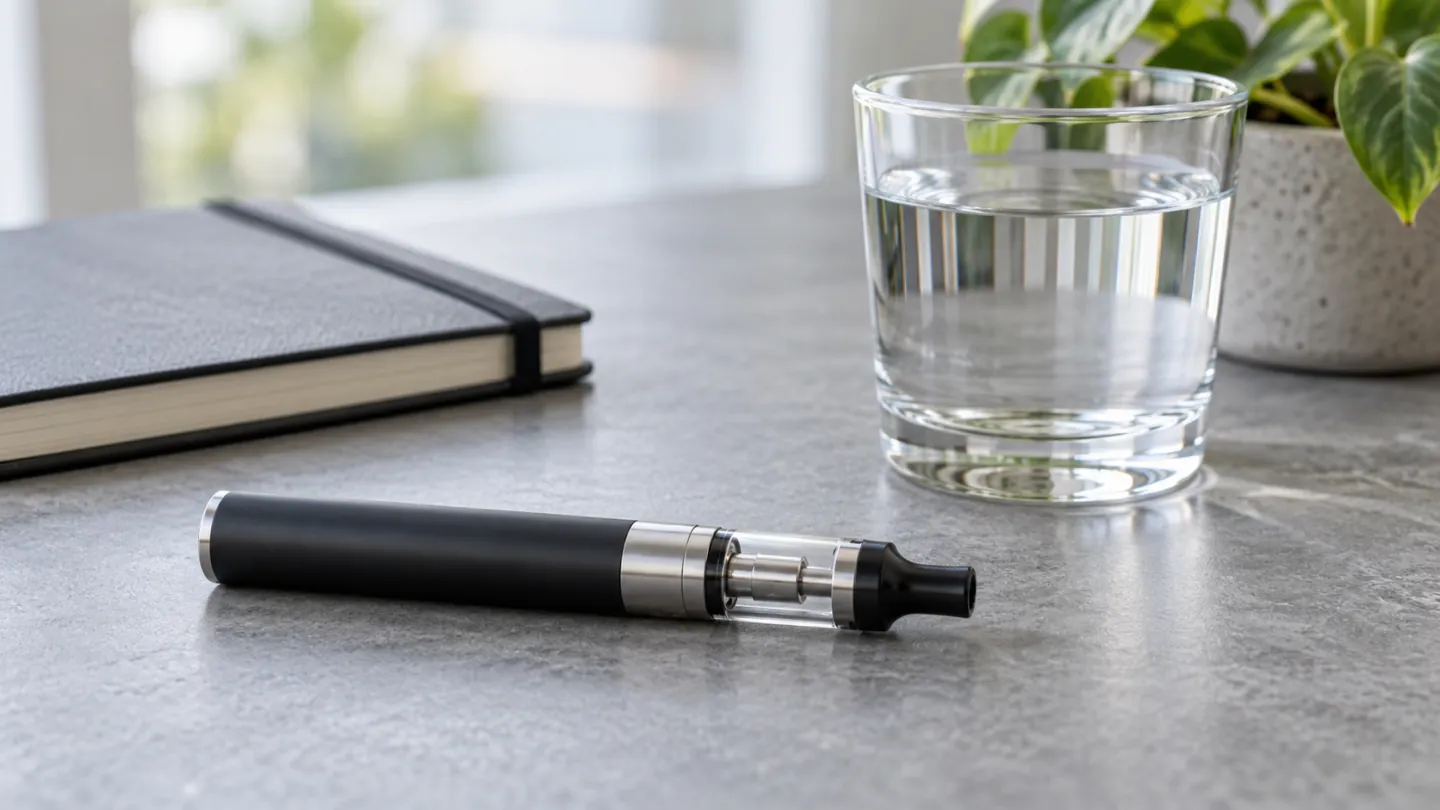 An inactive unbranded vape pen on a plain table beside a notebook and water