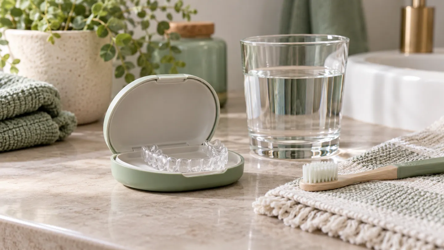 A clear whitening tray in a protective case beside a soft toothbrush and a glass of water