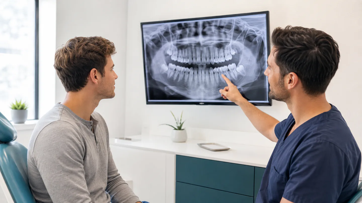 A Winnipeg dentist reviewing a panoramic image of wisdom teeth with a young adult patient