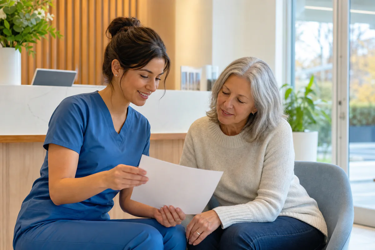 A dental team member helping a patient understand appointment and coverage information