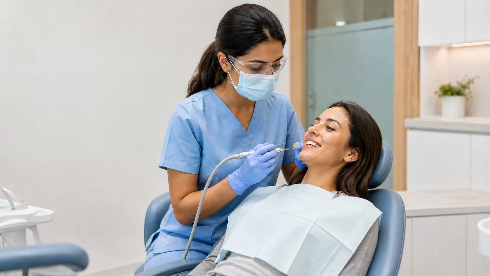 Dental hygienist providing a routine teeth cleaning to a relaxed patient