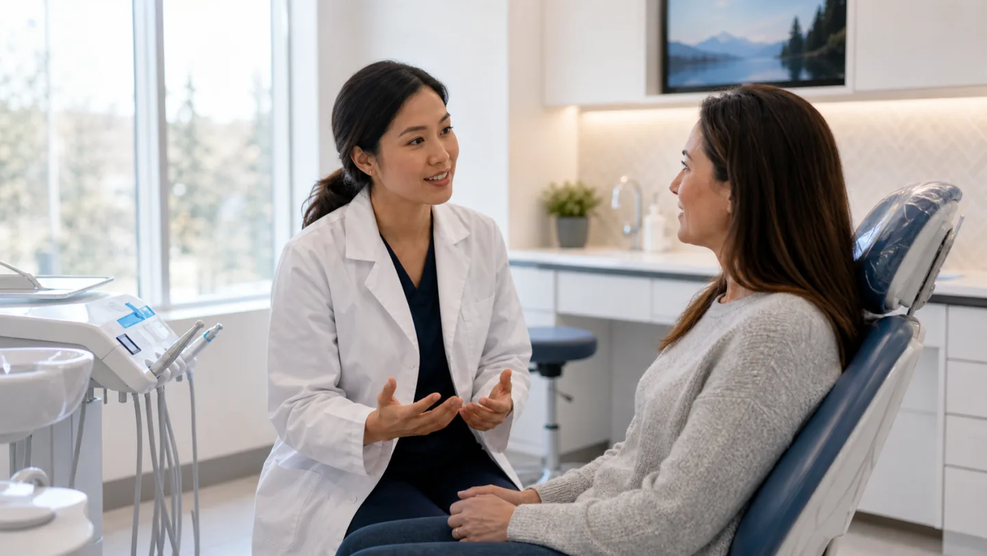 A dentist listening carefully to a patient in a bright modern treatment room