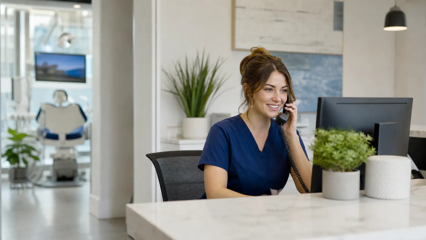 A friendly dental receptionist helping a patient schedule an appointment by phone