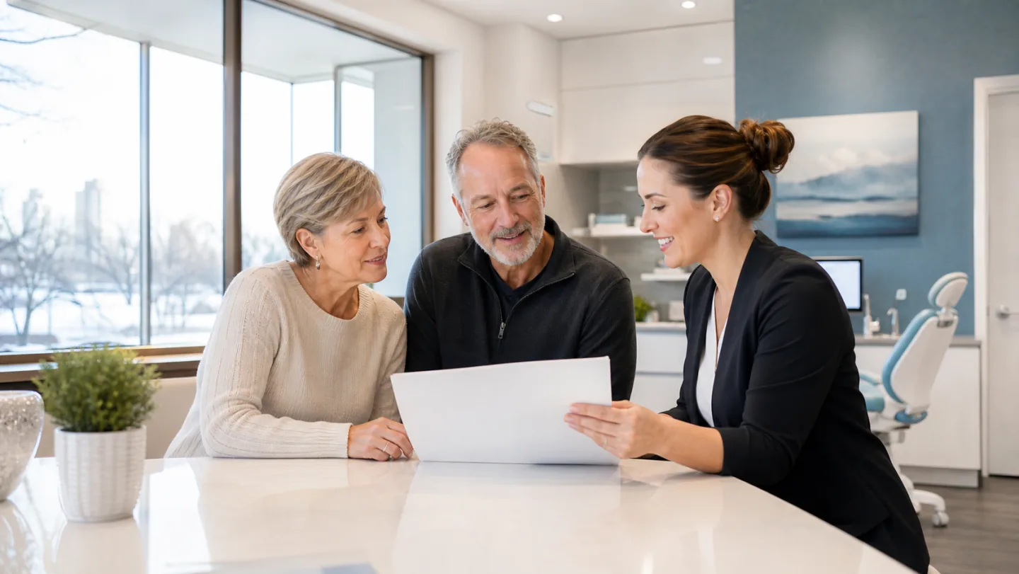 A dental coordinator helping a mature couple understand their dental coverage