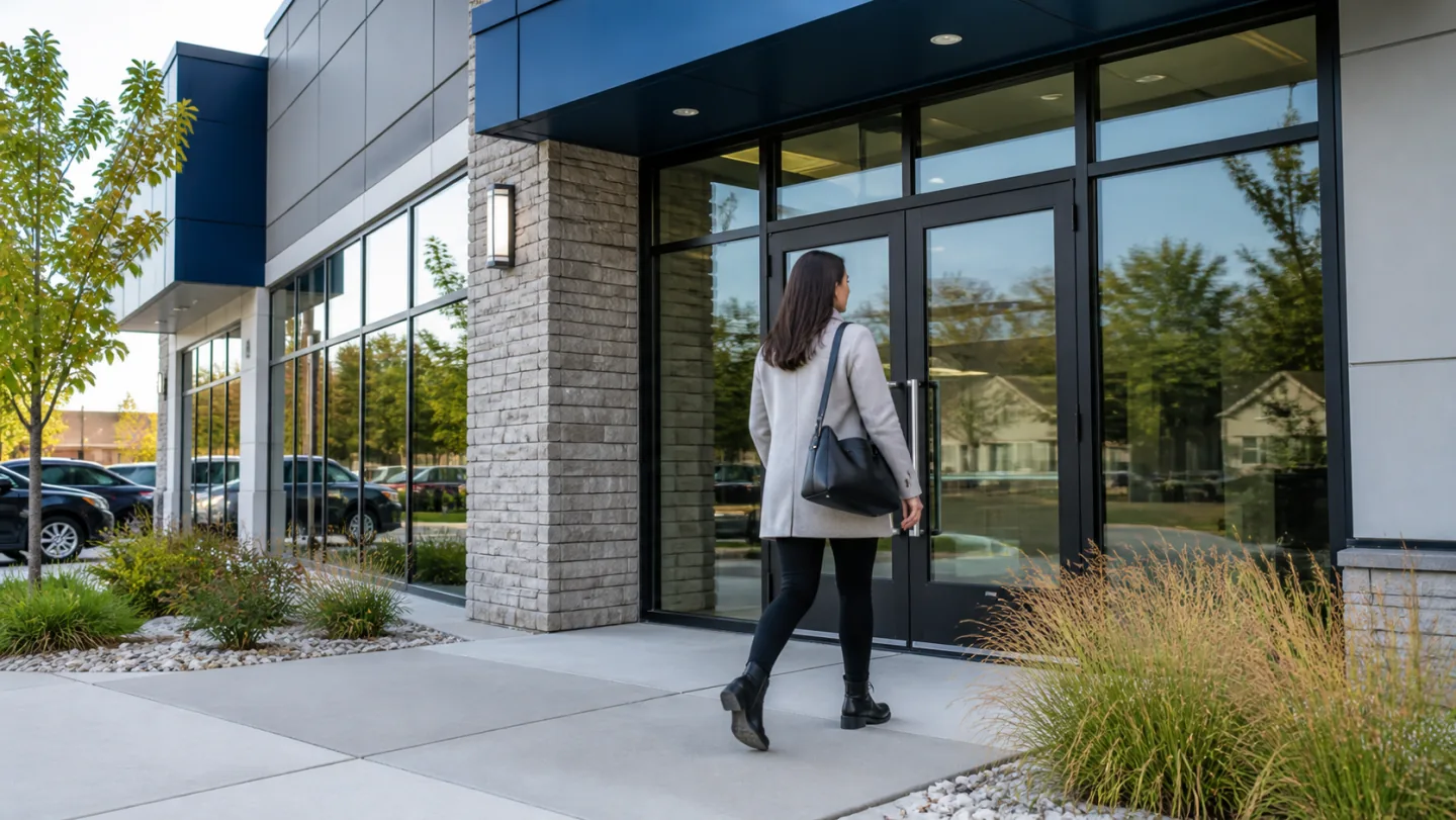 A patient approaching the accessible entrance of a modern neighbourhood clinic