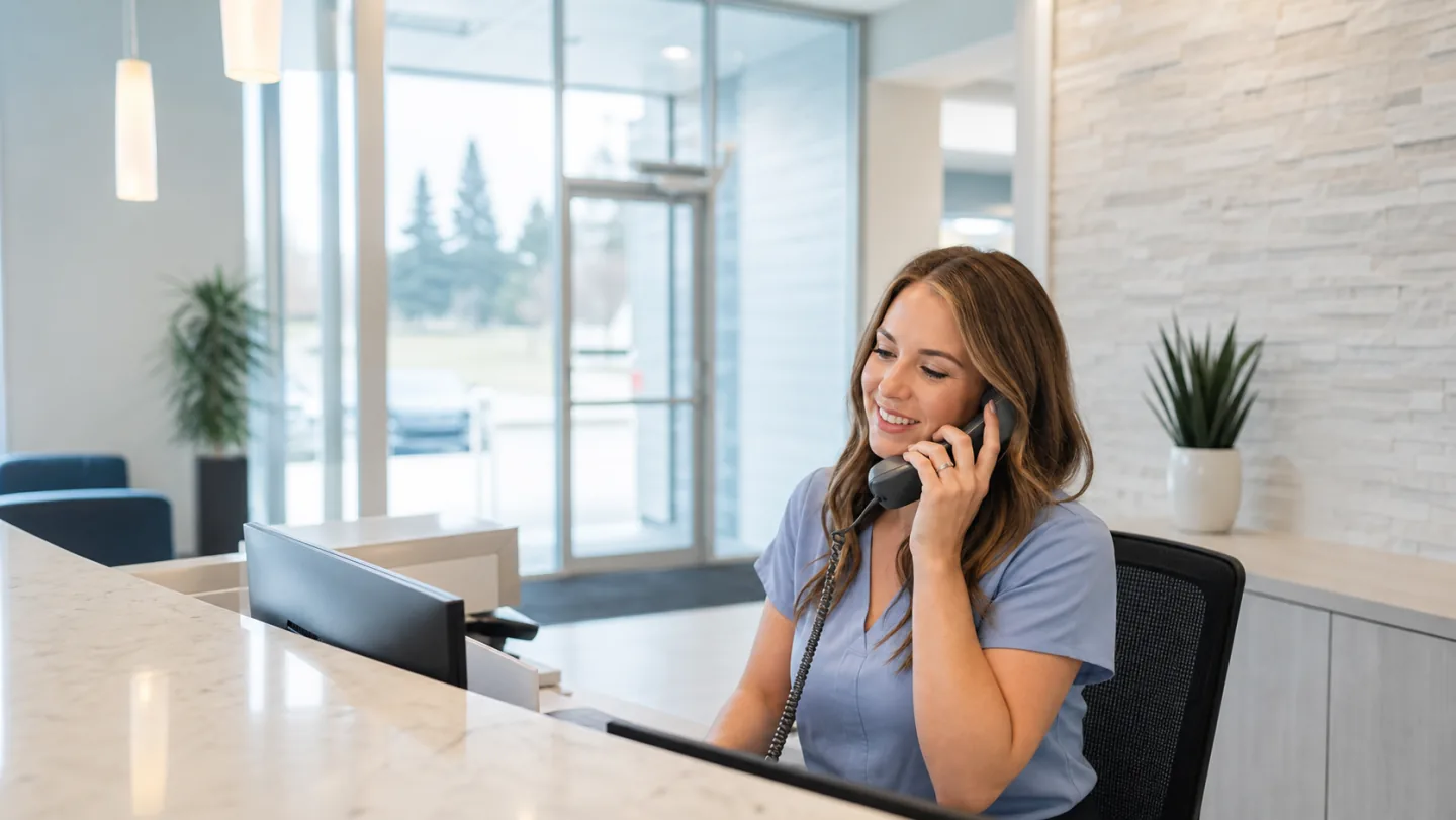 A welcoming dental receptionist answering a phone at the clinic front desk