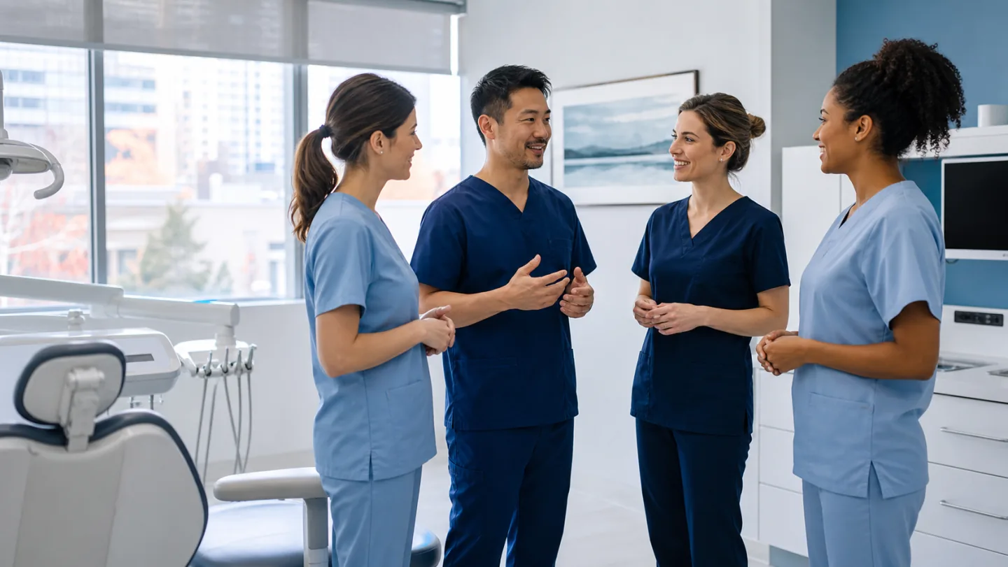 A diverse group of dental professionals collaborating in a modern operatory