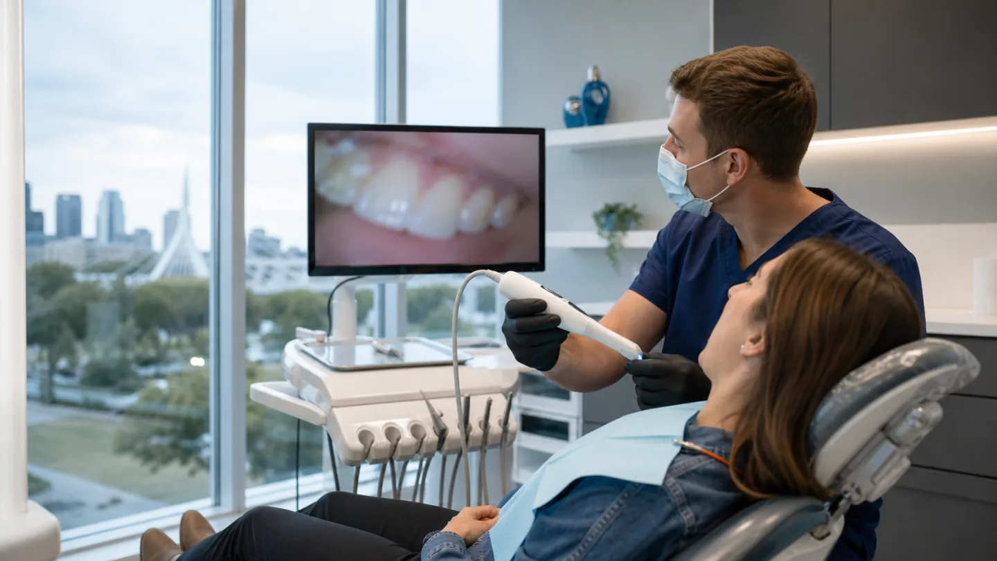 A dentist using an intraoral camera while a patient views the image