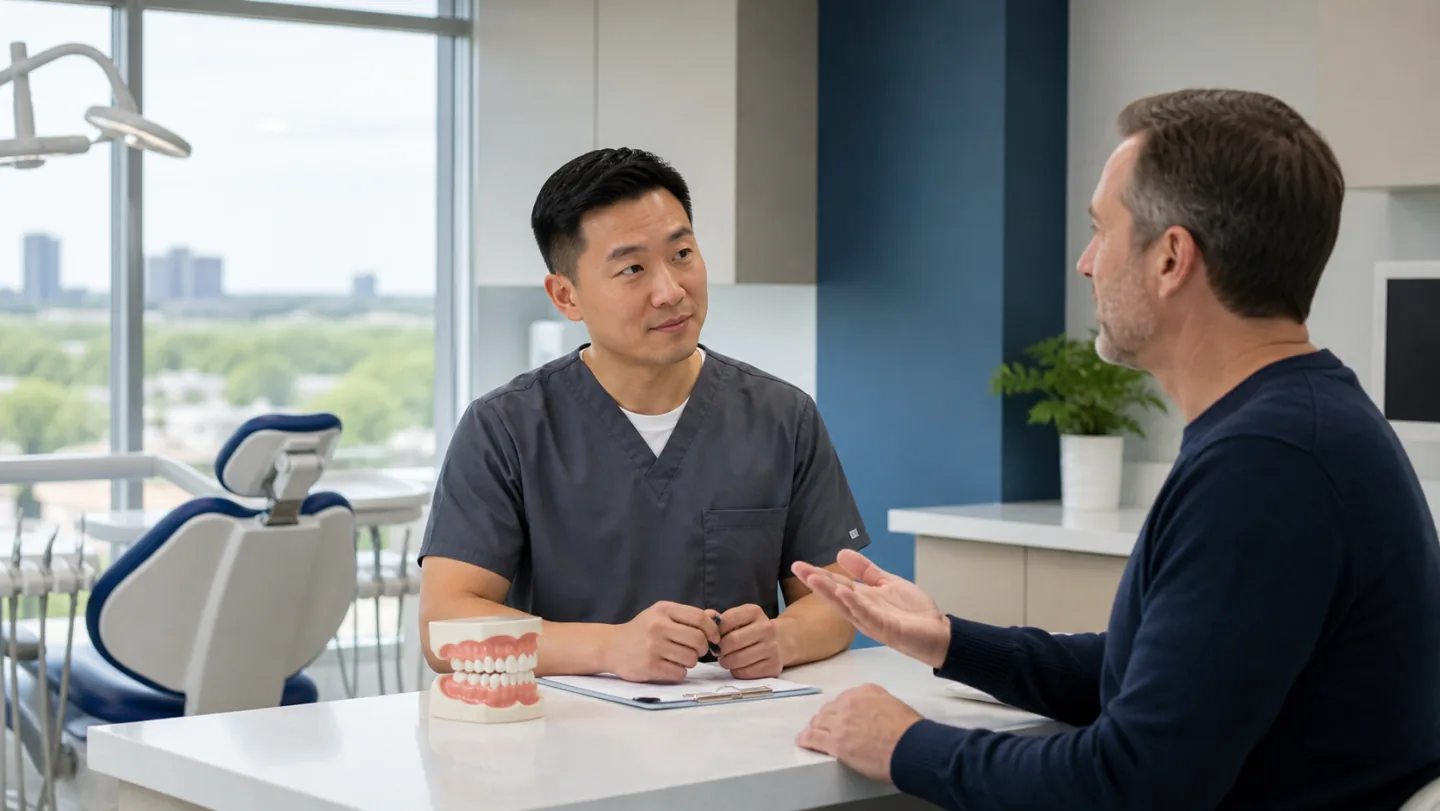 A patient asking a dentist a question during a relaxed consultation