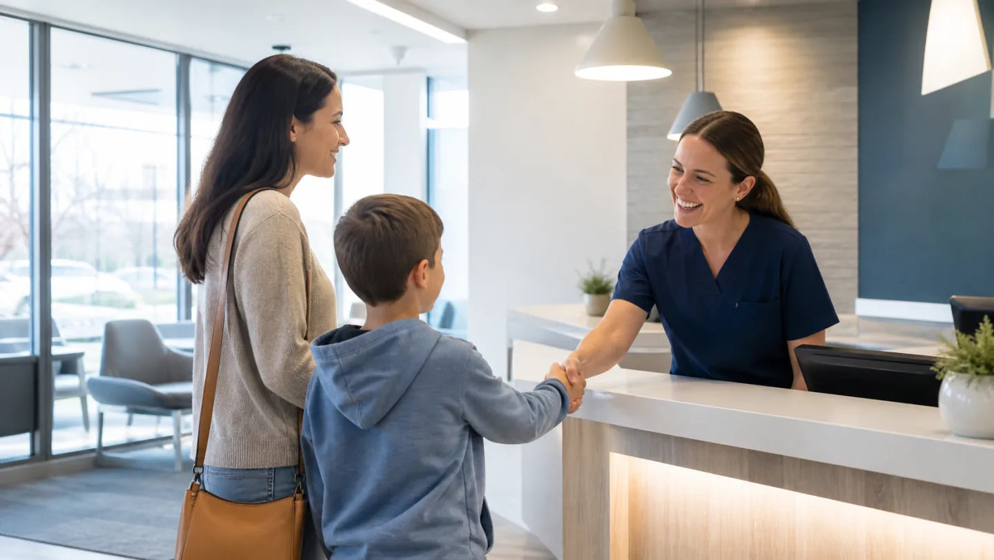 A parent and child receiving a warm welcome at the dental clinic