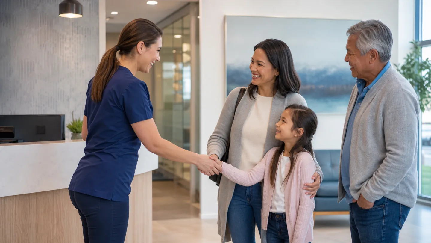 A multigenerational family being welcomed to a modern dental clinic