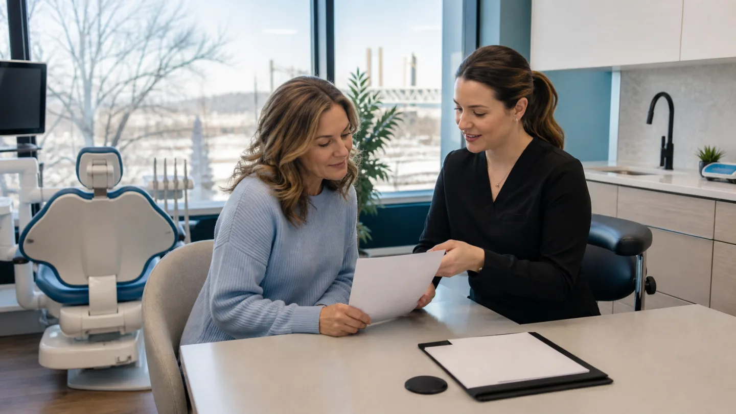 A dental treatment coordinator explaining an estimate to a patient