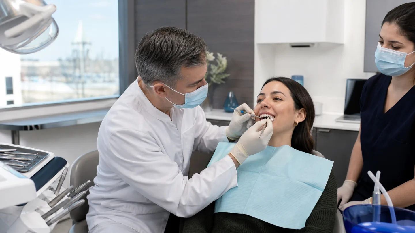 A dentist carefully completing a tooth-coloured bonding treatment