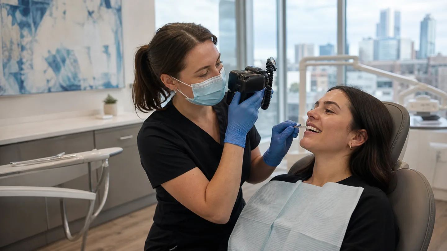 A cosmetic dentist photographing and measuring a patient's gumline