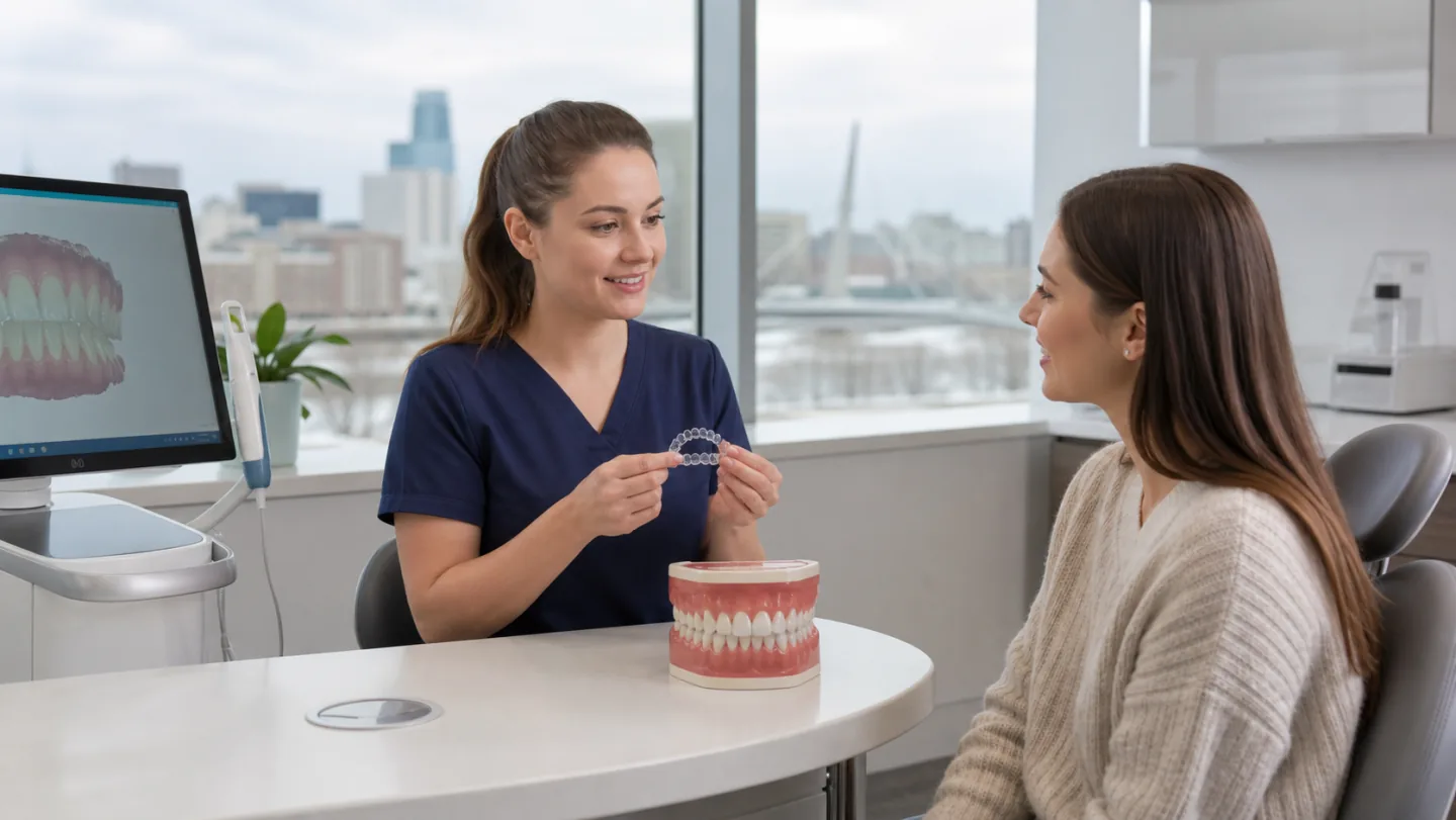 A dentist showing a clear aligner to a patient during a consultation