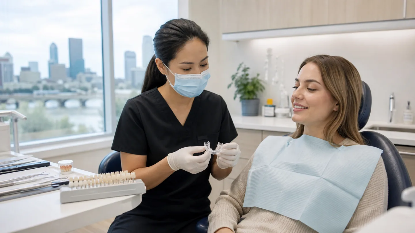A dental professional preparing a custom whitening tray for a patient