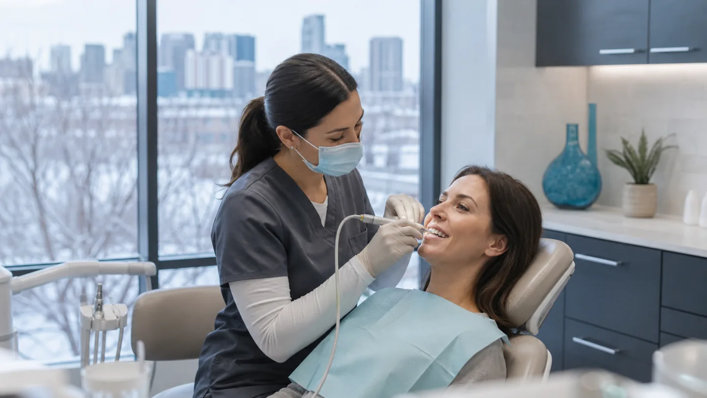 A dentist conservatively polishing the edge of a front tooth