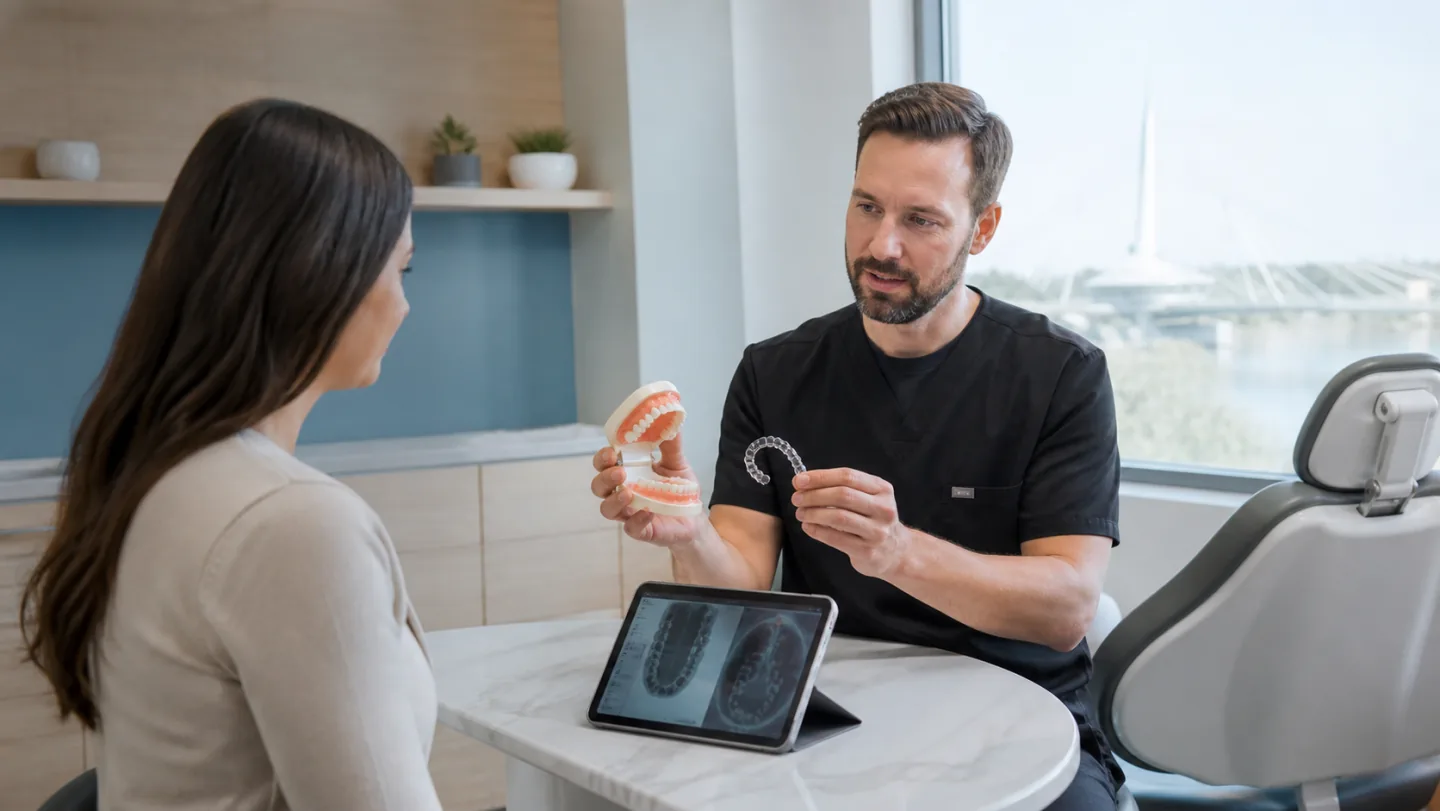 A dentist explaining several personalized dental care options to a patient