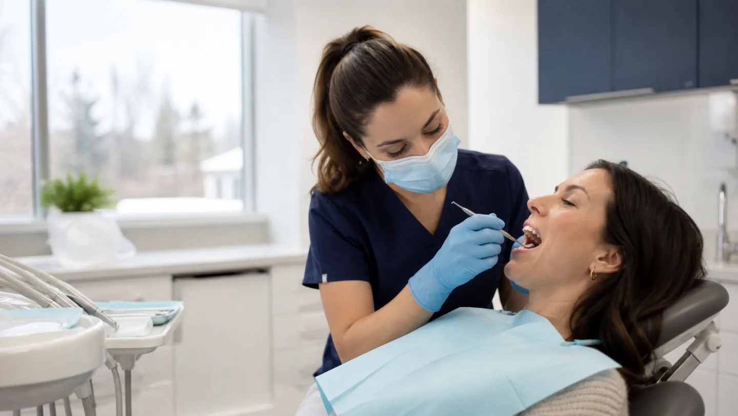 A dental hygienist providing a professional cleaning to a relaxed patient