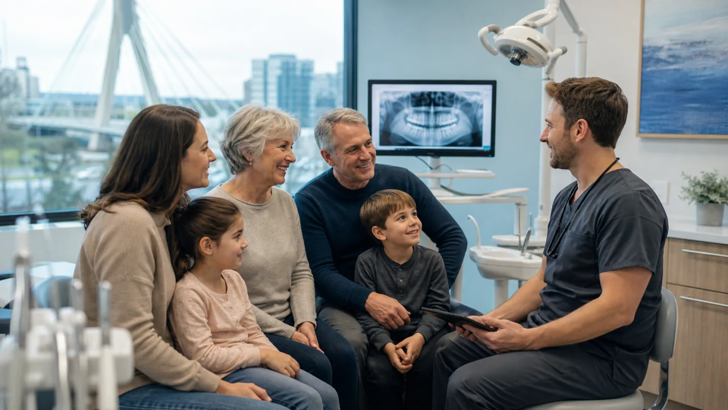 A family dentist meeting with patients from several generations