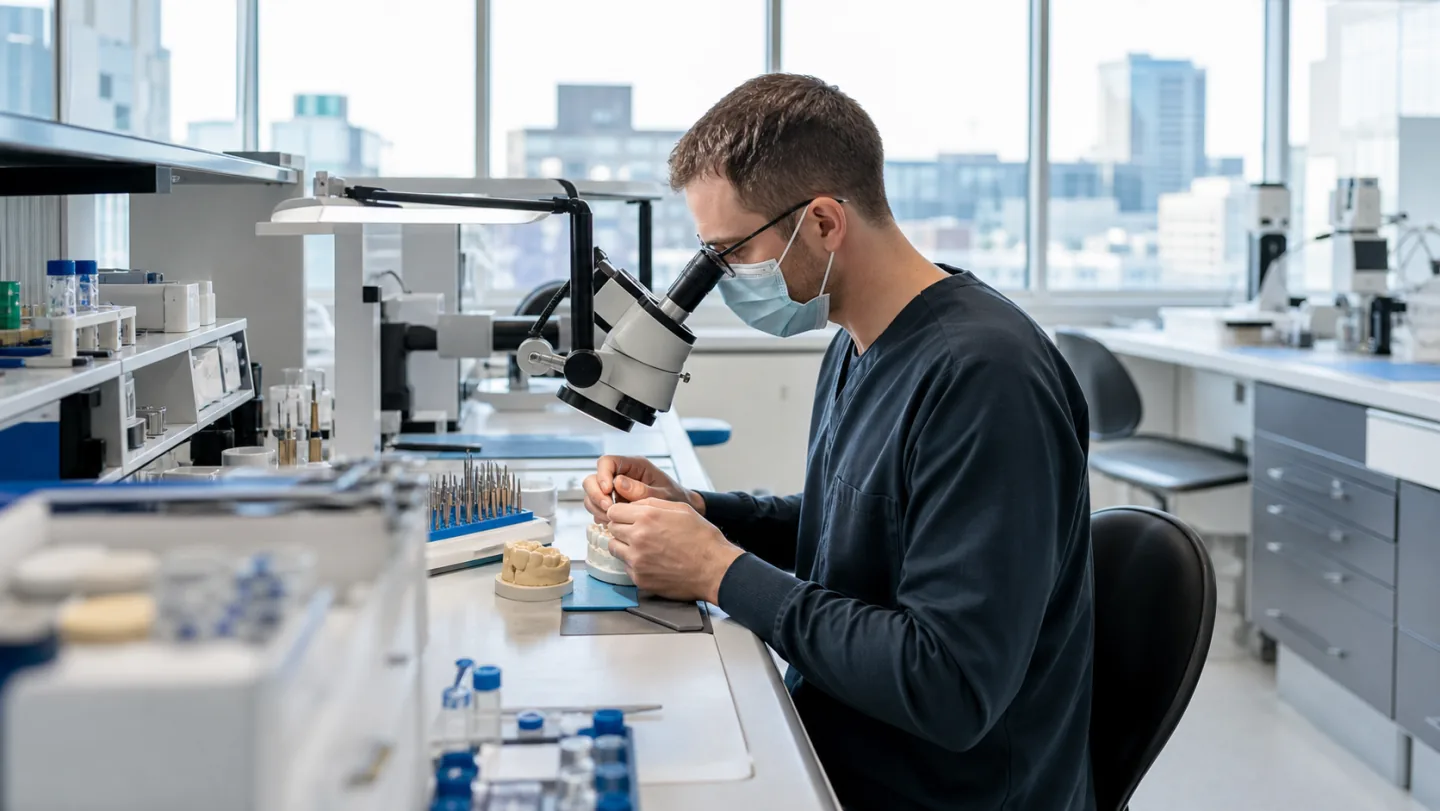 A dental laboratory technician crafting a custom restoration at a workbench
