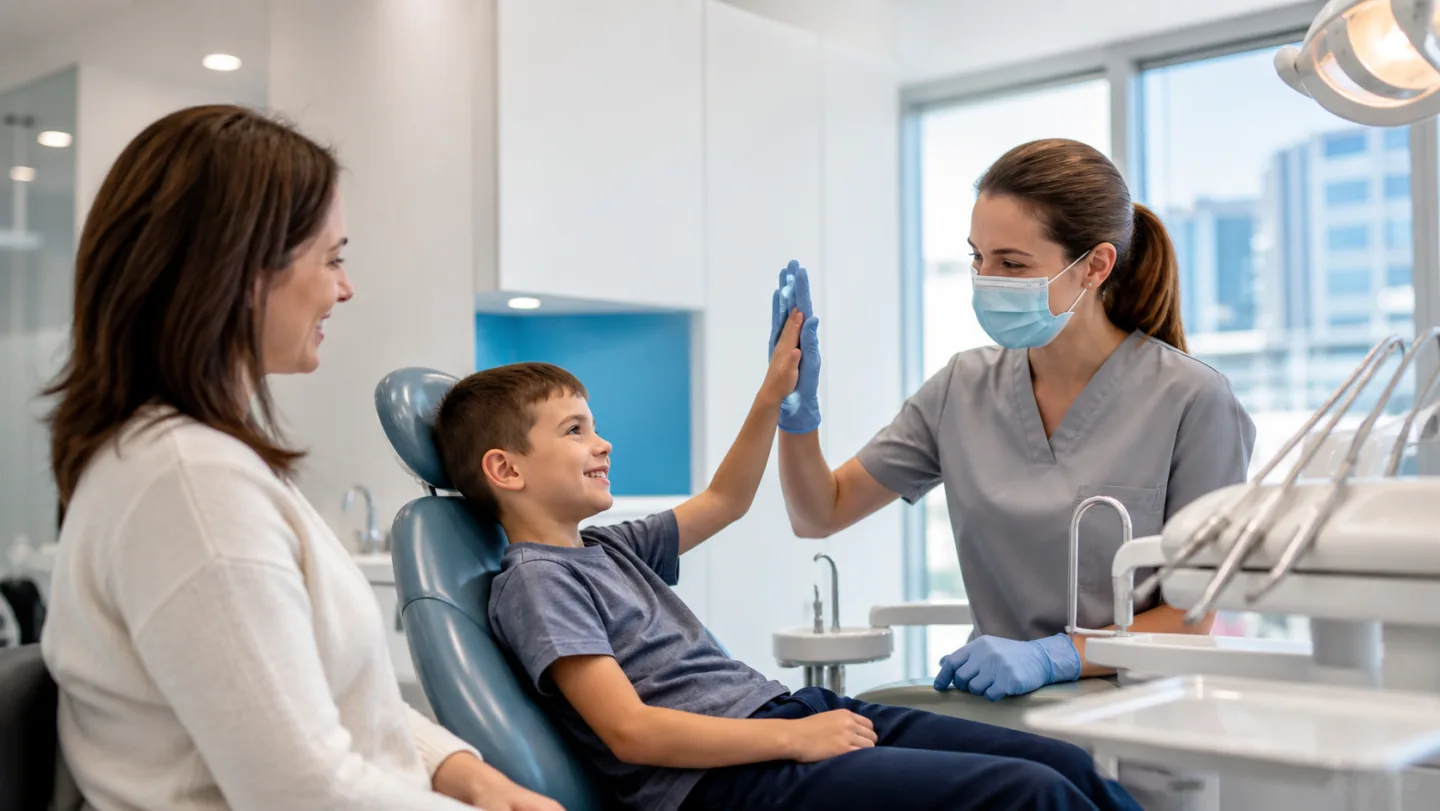 A child sharing a high-five with a friendly dental professional