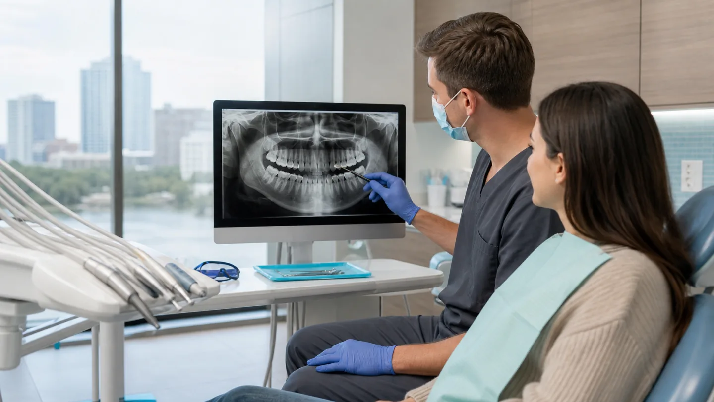 A dentist reviewing a dental X-ray before root canal treatment