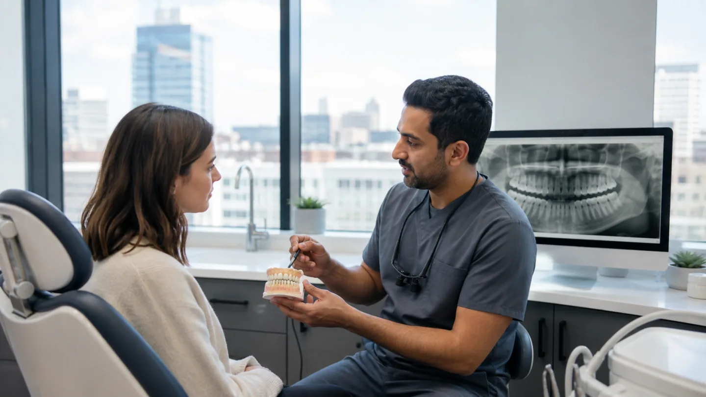 A dentist discussing an X-ray and tooth model before a possible extraction