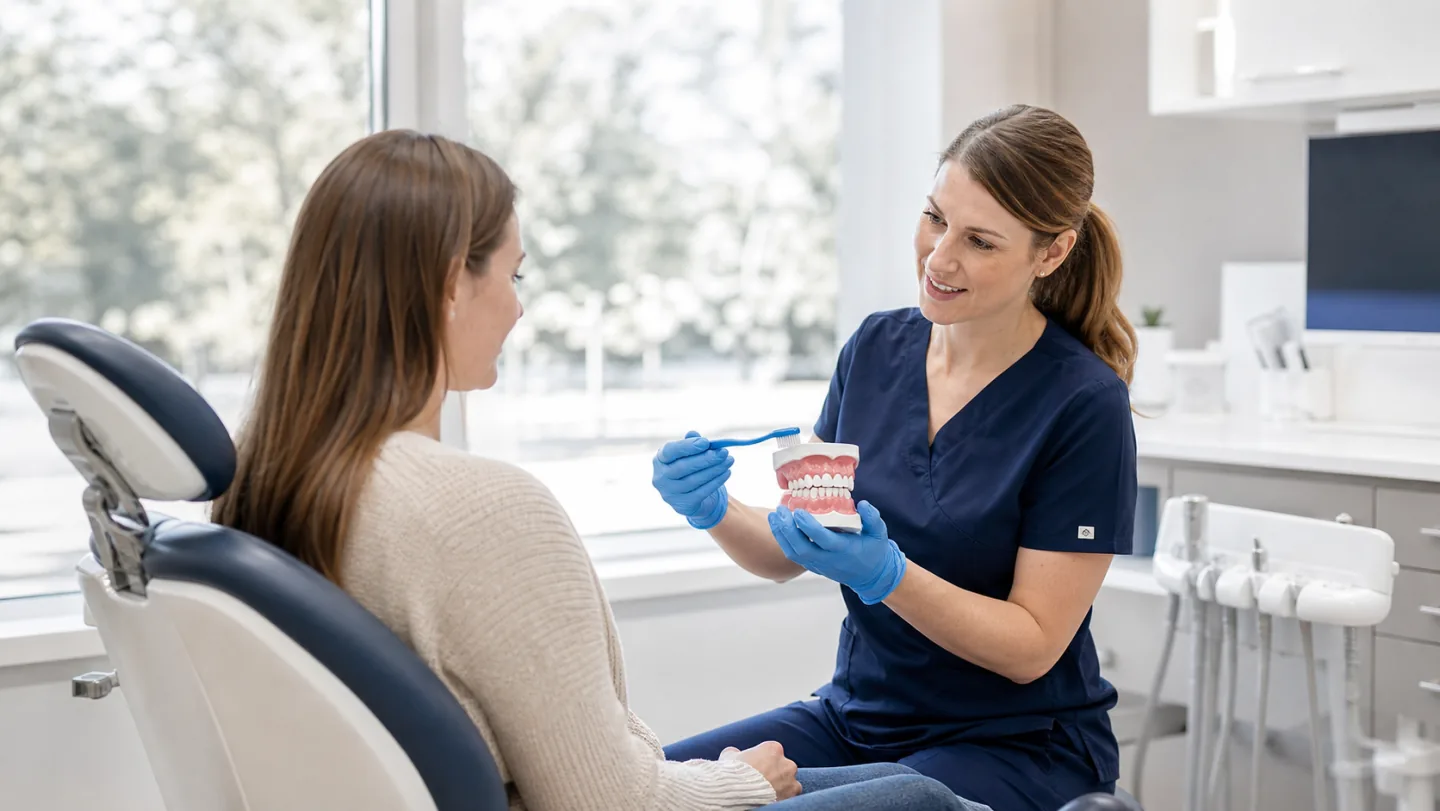 A dental hygienist explaining gum health and home care with a model