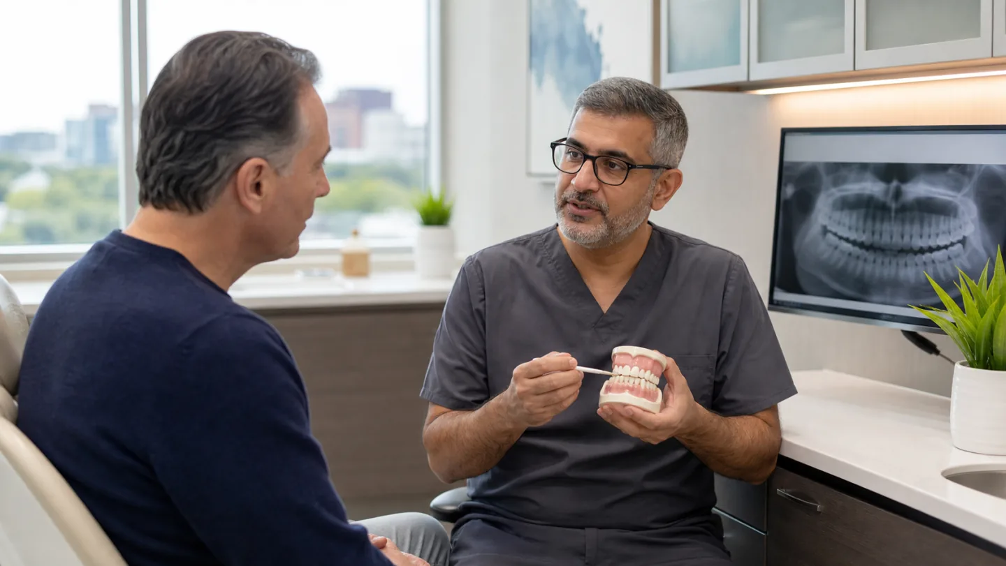 A periodontist explaining periodontal pocket treatment with a dental model